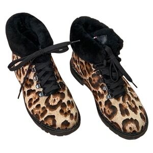Oscar Sport Kira Leopard Calf Hair Fur Trim Hiking Boots Lace up EU‎ 38